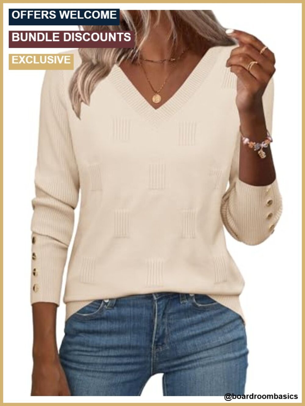 V Neck Sweater Long Sleeve Lightweight Button Cuff Pullover Blouse Top